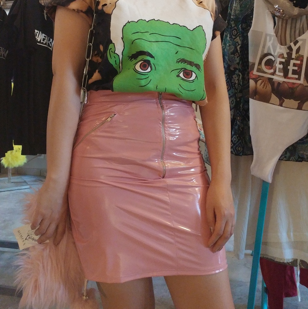 Faux latex barbie pink mini skirt.